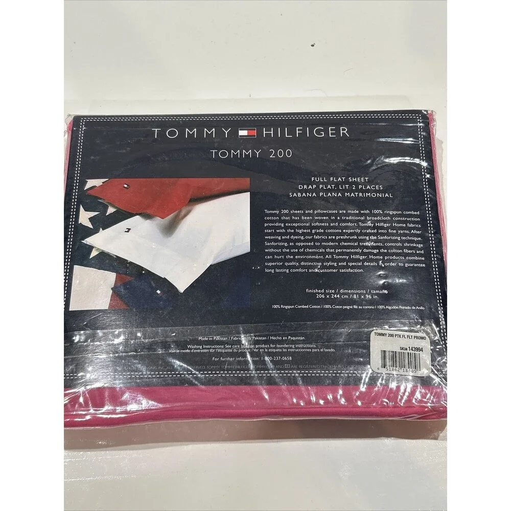 Tommy Hilfiger Blue Full Flat Sheet Pink Tommy 200 Ringspun Combed Cotton